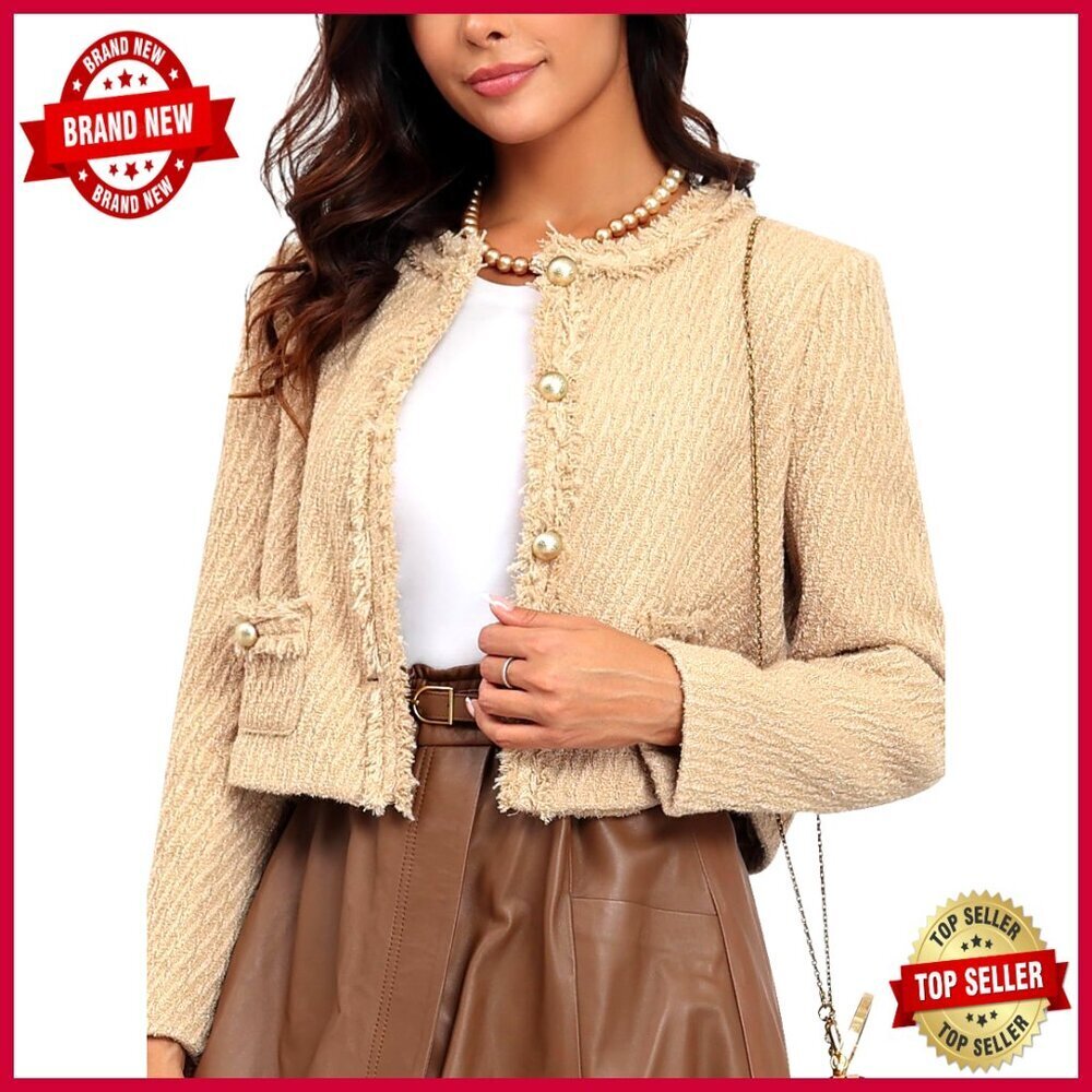 Tweed Blazer Jacket Cropped Collarless Long Sleeve Pockets Business Casual